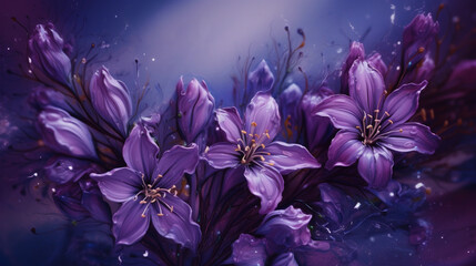 Plakat Artistic impression, Purple flowers on an abstract spring canvas Generative AI