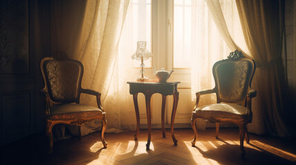 Minimalistic interior with antique charm: a two chair room with a table