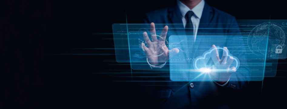 Businessman used Virtual Reality glasses. connecting to the Internet through a notebook computer to upload and download data. Secure data network digital cloud computing cyber security. Big data