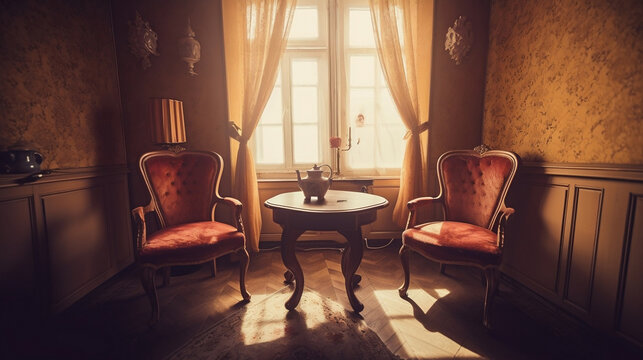 Minimalistic interior with antique charm: a two chair room with a table