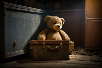 Sad stuffed Teddy Bear abandoned in an attic all alone, Generative AI