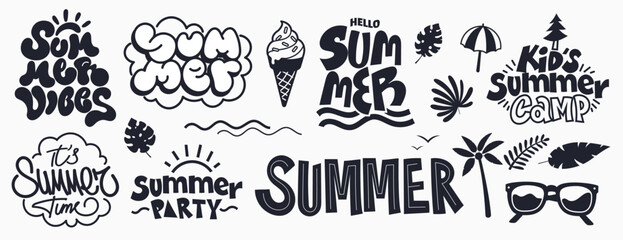 Graphics design elements for summer season. Typography, lettering, symbols, silhouettes. Creative summer typographic collection in different styles isolated on white. Vector illustration.