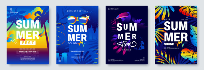 Summer Festival poster collection. Summer flyer design. Abstract background in A4 size with tropical nature motives and place for text. Ideal for season event invitation, promo. Vector illustration - obrazy, fototapety, plakaty