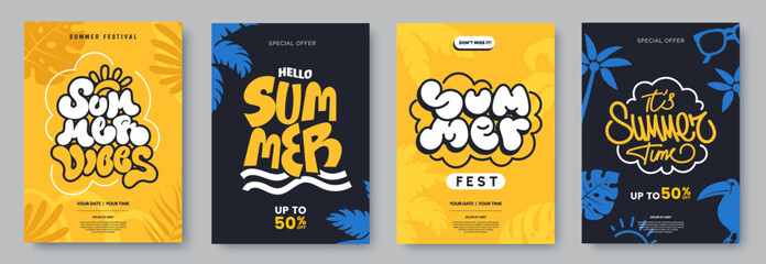 Summer poster collection with creative typography. Summer party or festival invitation design. Lettering and calligraphy in different styles. Ideal for promo, advertisement, graphic print, label. - obrazy, fototapety, plakaty