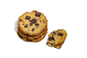 Handmade cookies for a healthy breakfast. Isolated homemade oatmeal cookies with dark chocolate.