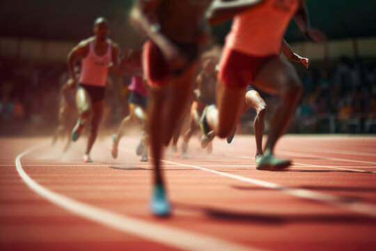 Motion blurred athletes running in a track and field race, Generative AI