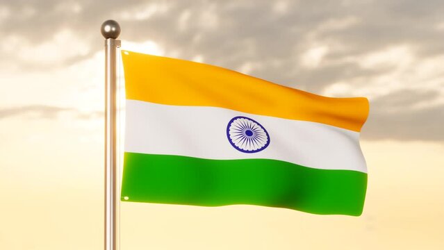 India Flag blowing in the wind with sunset sky background, 4k 3D Animation Video