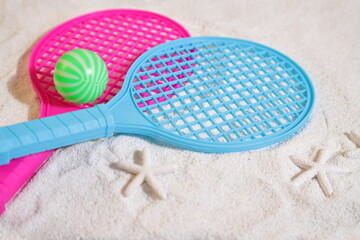 Beach tennis set on sand, summer sport activity