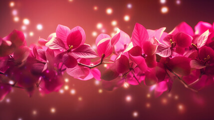 Obraz na płótnie Canvas Bougainvillea flowers on pink background with glitter lights frame Generative AI