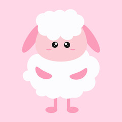 Naklejka premium Cute simple cartoon white fluffy sheep on a pink background for children. Cute simple postcard with little sheep