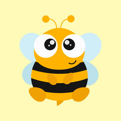 Cute fat round bee with big eyes, antennae and wings on a yellow background. Simple cartoon insect character for baby postcard. Cute bee sticker