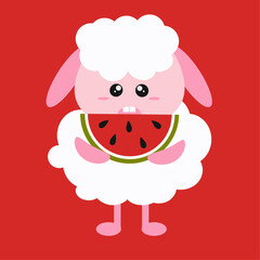 Naklejka premium Cute simple cartoon white fluffy sheep with a piece of watermelon in its paws on a red background for children. Cute simple postcard with little sheep