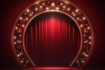 Luxury Red Curtain with Glittering Golden Circle Frame and Flashing Lights - Generative AI