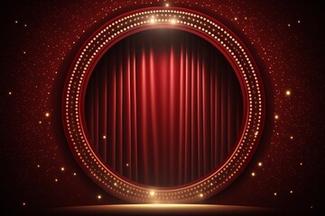Luxury Red Curtain with Glittering Golden Circle Frame and Flashing Light Bulbs - Generative AI