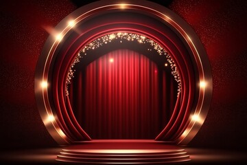 Luxurious Red Curtain with Glittering Golden Circle Frame and Flashing Light Bulbs - Generative AI