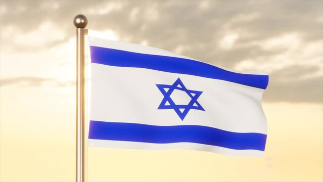 Israel Flag blowing in the wind with sunset sky background, 4k 3D Animation Video