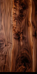 Close-up of a large dark walnut wood table surface showcasing its natural wood grain and texture