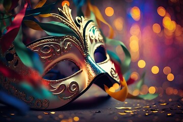 Venetian Mask Party with Shiny Streamers on Abstract Defocused Bokeh Lights - Generative AI