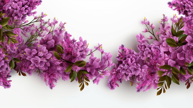 Purple flowers border frame with isolated Lagerstroemia flowers on white Generative AI