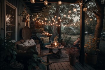Fototapeta na wymiar Creating a Cozy Outdoor Atmosphere with String Lights - Generative AI