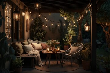 Fototapeta na wymiar How to Create a Cozy Outdoor Atmosphere with String Lights - Generative AI