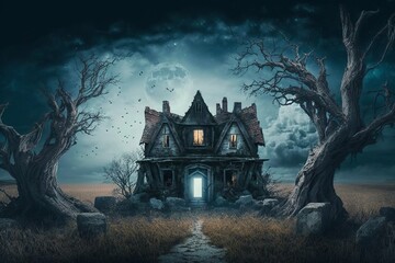 Fototapeta na wymiar Mysterious Halloween Landscape with Abandoned House - Generative AI