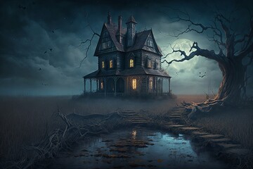 Fototapeta na wymiar Dark Mysterious Halloween Landscape with Old Abandoned House - Generative AI