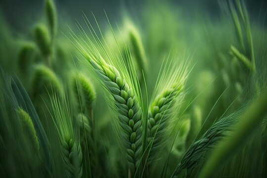 Green Barley Field: Close-Up Image of Elite Barley Ears - Generative AI