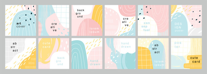 Abstract cute design cards, trendy prints with place for text, hand drawn posters.