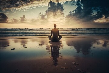 Naklejka na ściany i meble Harmony and Happiness: Yoga Practitioner Meditating on a Calm and Relaxing Beach - Generative AI
