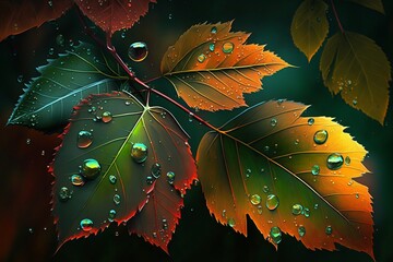 Colorful Autumn Leaves with Raindrops - Generative AI