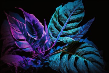 Exquisite Neon Blue and Violet Tropical Plant Leaves: A Dark and Daring Nature Background - Generative AI