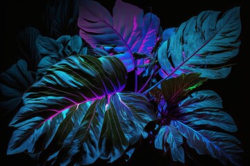 Exquisite Neon Tropical Plant with Intense Blue and Violet Leaves - Generative AI