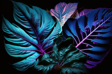 Neon Exquisite Leaves: Intense Blue and Violet Tropical Plant - Generative AI