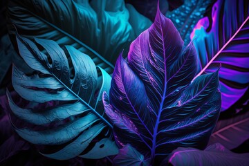 Exquisite Neon Blue and Violet Tropical Plant Leaves: A Dark, Abstract Nature Background - Generative AI