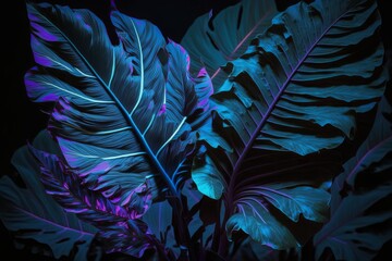 Exquisite Neon Blue and Violet Tropical Plant Leaves: A Dark and Trendy Abstract Nature Background - Generative AI