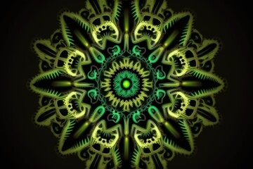 Hypnotic Green Fractal Design on Black Kaleidoscope Background - Generative AI