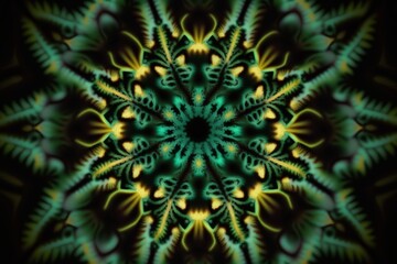 Green Fractal Kaleidoscope Animation on Black Background - Generative AI