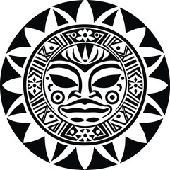 Round tattoo ornament with sun face maori style african aztecs or mayan ethnic mask isolated vector illustration - obrazy, fototapety, plakaty