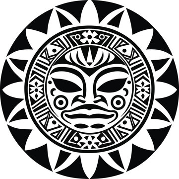 Round tattoo ornament with sun face maori style african aztecs or mayan ethnic mask isolated vector illustration