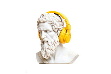 Plaster statue of a Greek head with headphones. Generative AI - obrazy, fototapety, plakaty
