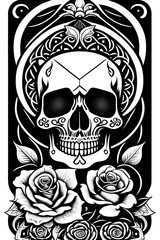 Skull and Roses, Hand-Drawn Sketch of a Smiling Skull with Flowers, Gothic Art Sketch of a Human Skull On Transparent Background, Isolated Human Skull on Transparent Background, Gothic Human Skull