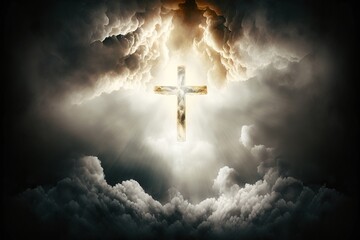 Resurrection: Jesus Ascends to Heaven in a Cross-shaped Light in the Clouds - Generative AI - obrazy, fototapety, plakaty