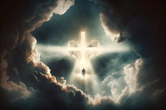 Resurrection: Jesus Ascends to Heaven in a Cross-Shaped Cloud of Light - Generative AI