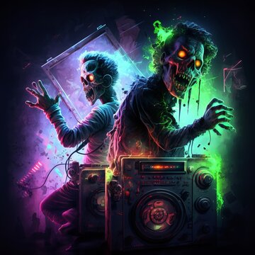 Zombie Apocalypse Party: Neon lights, torn clothes, and a DJ who won't die - Generative AI