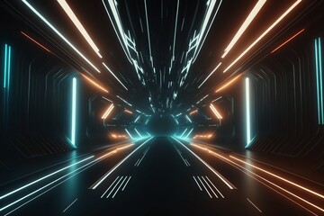 Digital Neon Lights Speeding Through Technologic Tunnels - 3D Animation - Generative AI