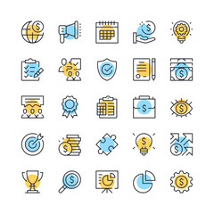 Startup line icons. Set of new business icons. Black, blue and yellow colors. Modern outline graphic design. Vector line icons set