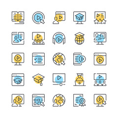 Video tutorials line icons. Set of online learning icons. Black, blue and yellow colors. Modern outline graphic design. Vector line icons set