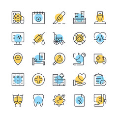 Hospital line icons. Set of health icons. Black, blue and yellow colors. Modern outline graphic design. Vector line icons set