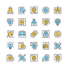 Engineering line icons. Set of engineering icons. Black, blue and yellow colors. Modern outline graphic design. Vector line icons set